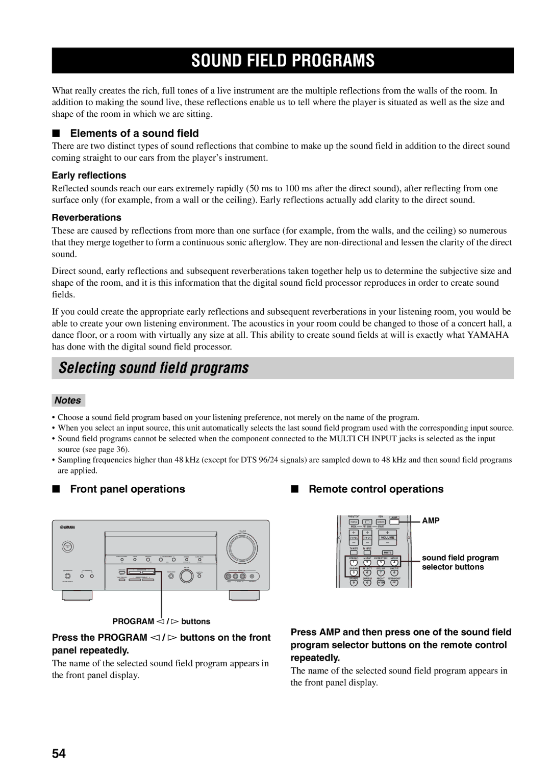 Yamaha RX-V459 owner manual Sound Field Programs, Selecting sound field programs, Elements of a sound field 