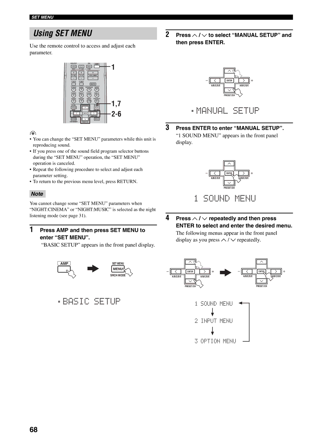 Yamaha RX-V459 Using SET Menu, Press AMP and then press SET Menu to enter SET Menu, Press Enter to enter Manual Setup 