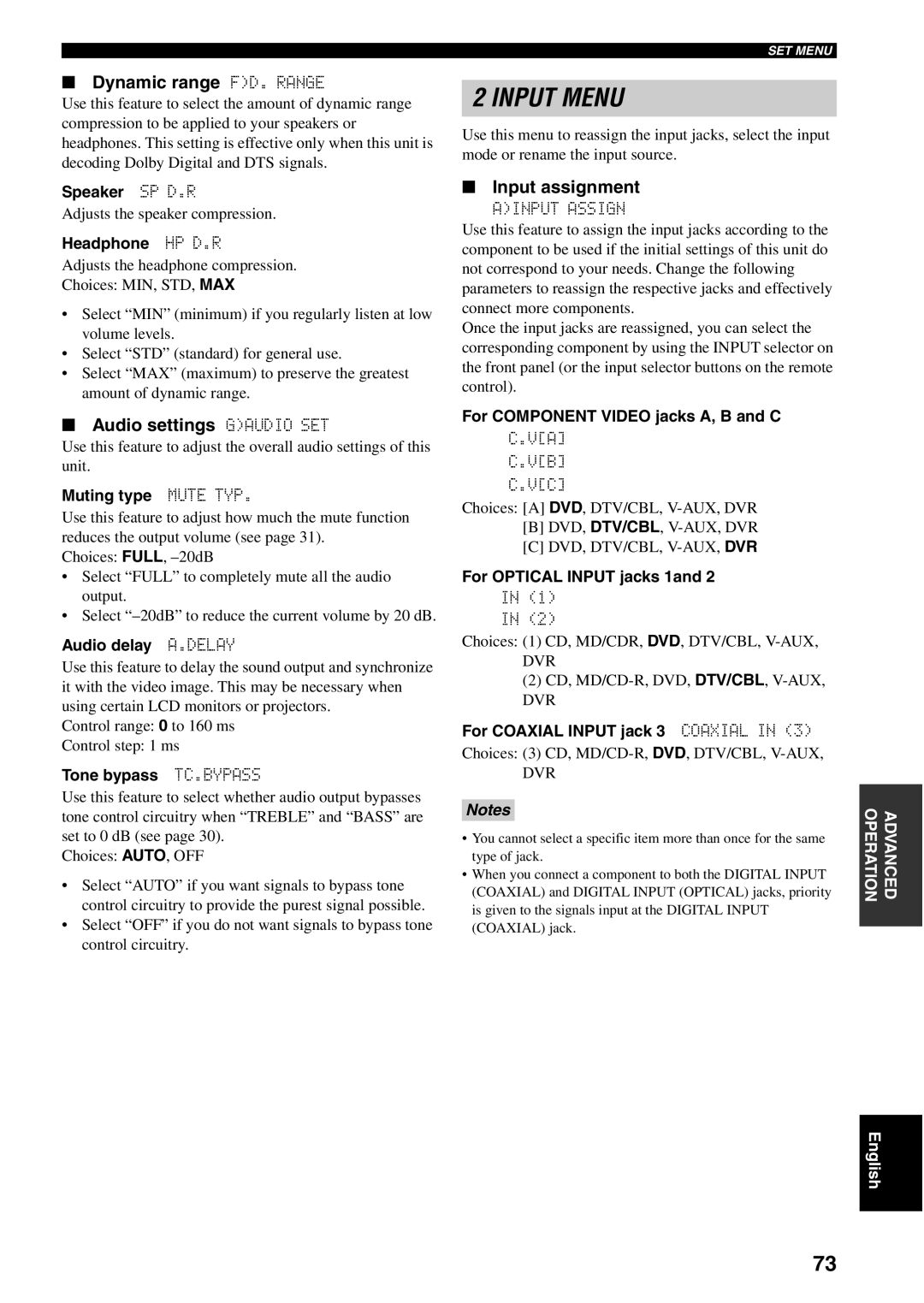 Yamaha RX-V459 owner manual Dynamic range FD. Range, Audio settings Gaudio SET, Input assignment 