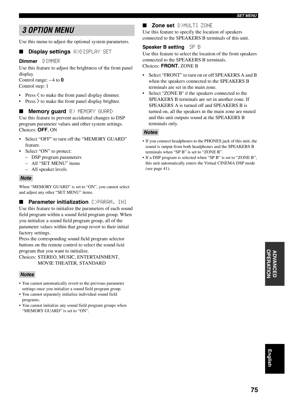 Yamaha RX-V459 Display settings Adisplay SET, Parameter initialization CPARAM. INI, Dimmer Dimmer, Speaker B setting SP B 