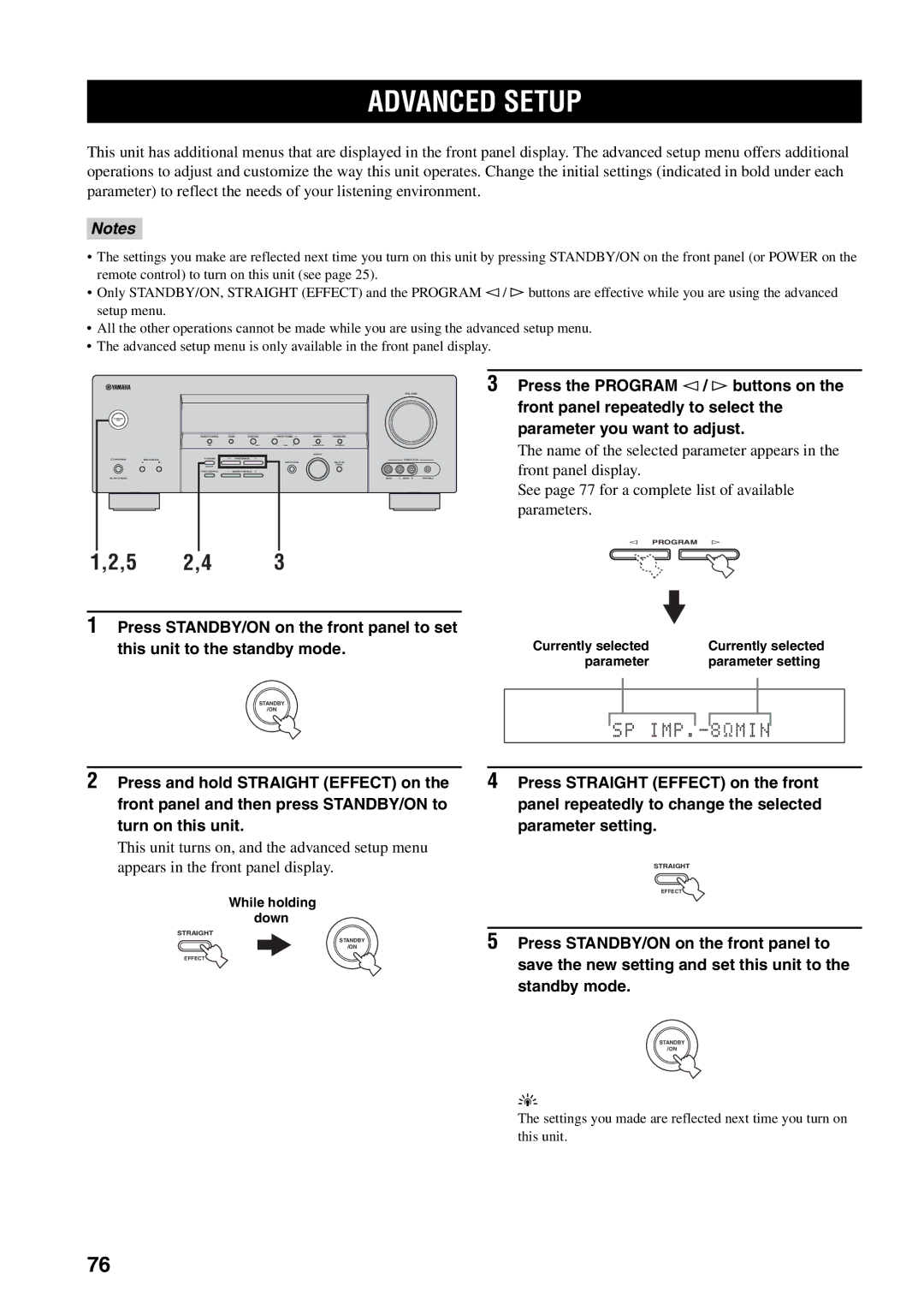 Yamaha RX-V459 owner manual Advanced Setup, Press the Program l / h buttons on, Name of the selected parameter appears 