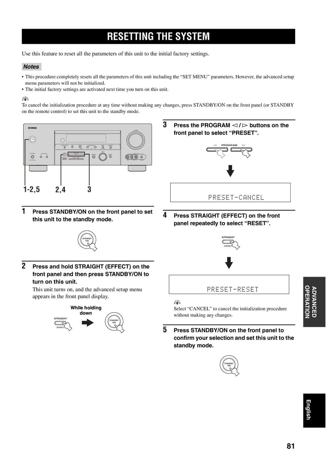 Yamaha RX-V459 owner manual Resetting the System, Front panel to select Preset, Press STANDBY/ON on the front panel to 