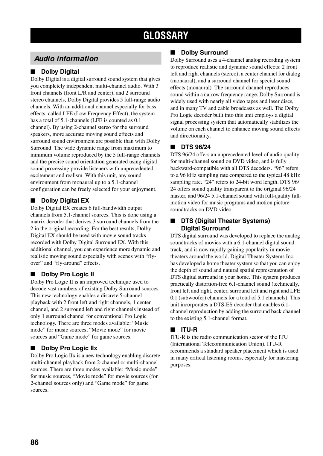 Yamaha RX-V459 owner manual Glossary, Audio information 