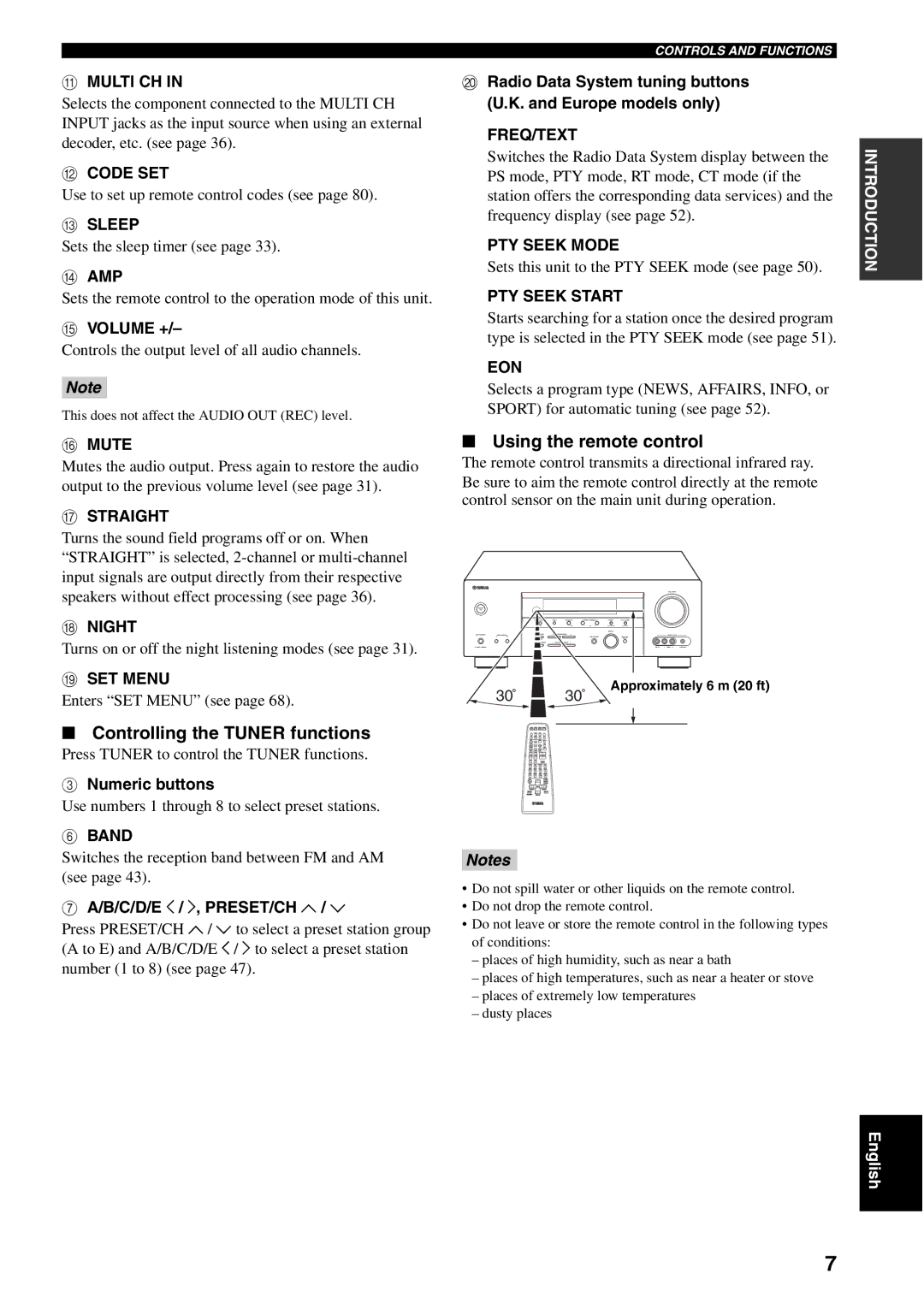 Yamaha RX-V459 Using the remote control, Controlling the Tuner functions, Numeric buttons, B/C/D/E j / i, PRESET/CH u / d 