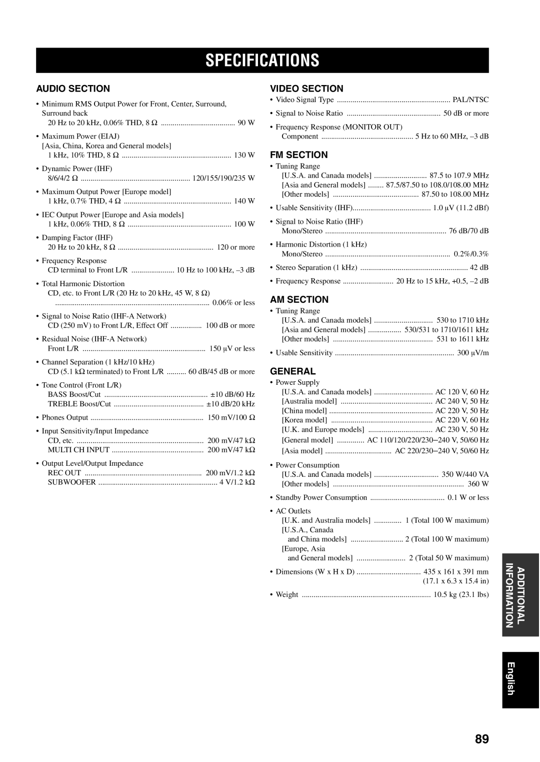 Yamaha RX-V459 owner manual Specifications, Audio Section 