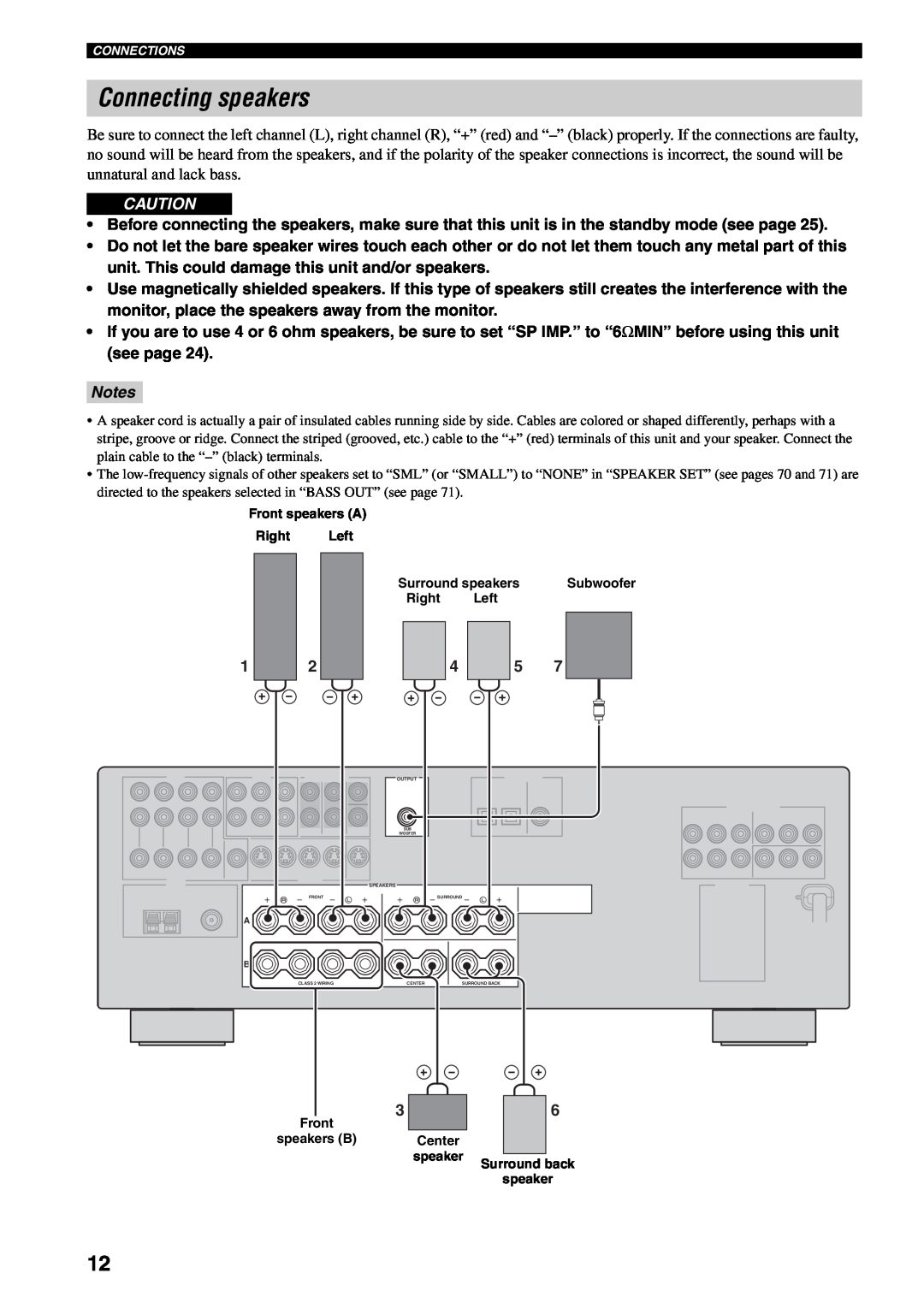 Yamaha RX-V459 owner manual Connecting speakers, Notes 