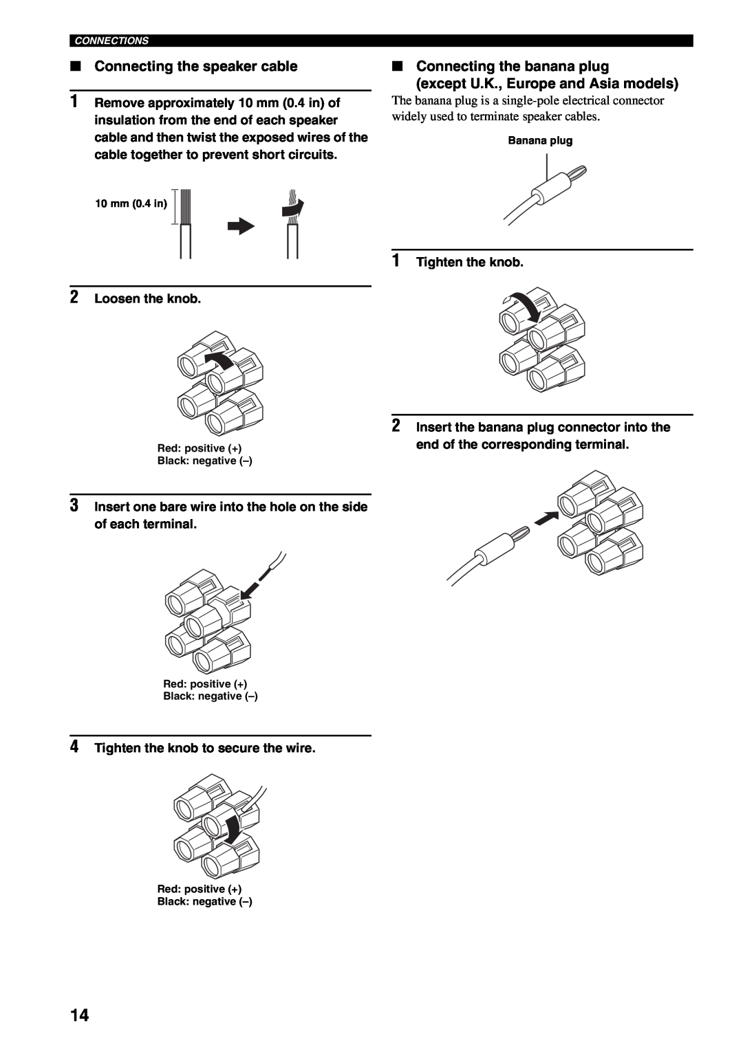 Yamaha RX-V459 owner manual Connecting the speaker cable, Connecting the banana plug, except U.K., Europe and Asia models 