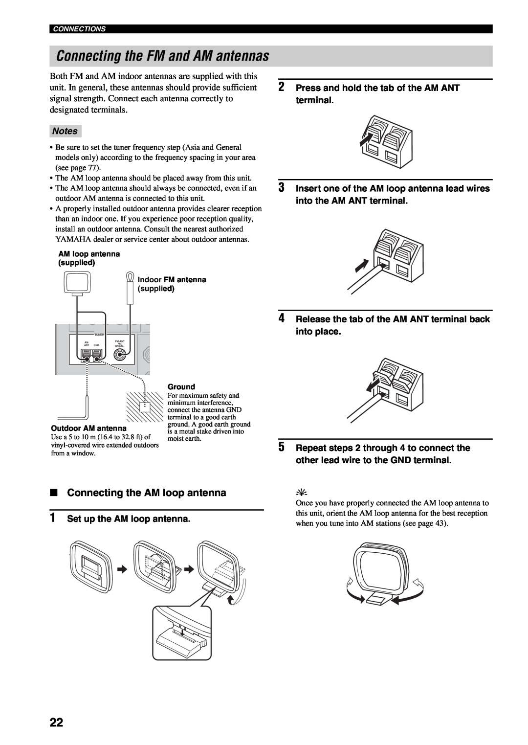 Yamaha RX-V459 owner manual Connecting the FM and AM antennas, Connecting the AM loop antenna, Notes 