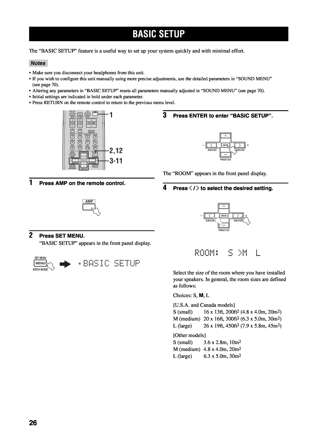 Yamaha RX-V459 owner manual Room: S >M L, Menu.Basic Setup, 2,12, 3-11, Notes 