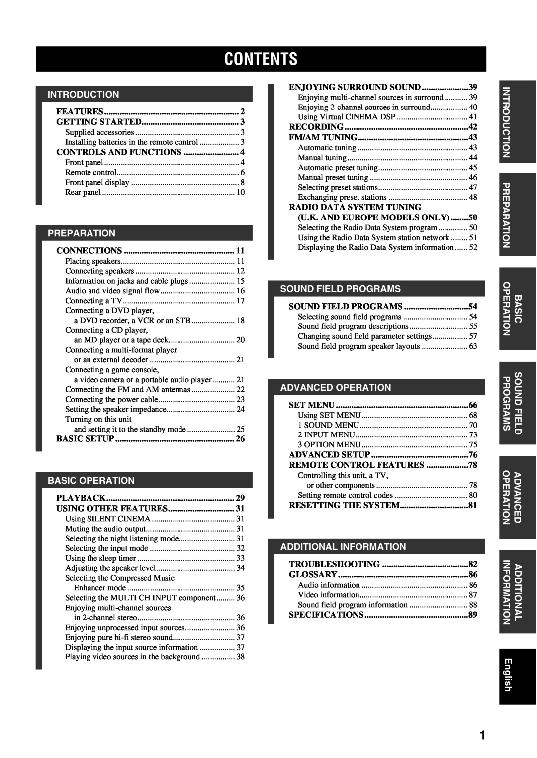 Yamaha RX-V459 owner manual Contents 