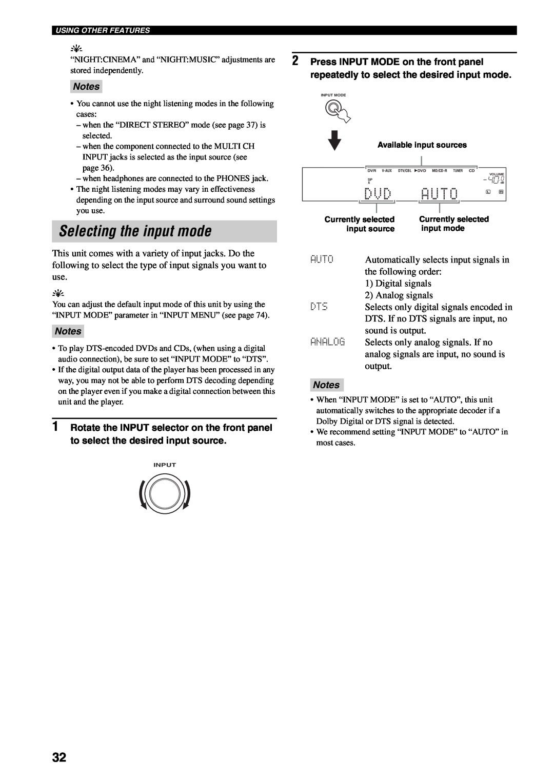 Yamaha RX-V459 owner manual Selecting the input mode, Auto, Notes 