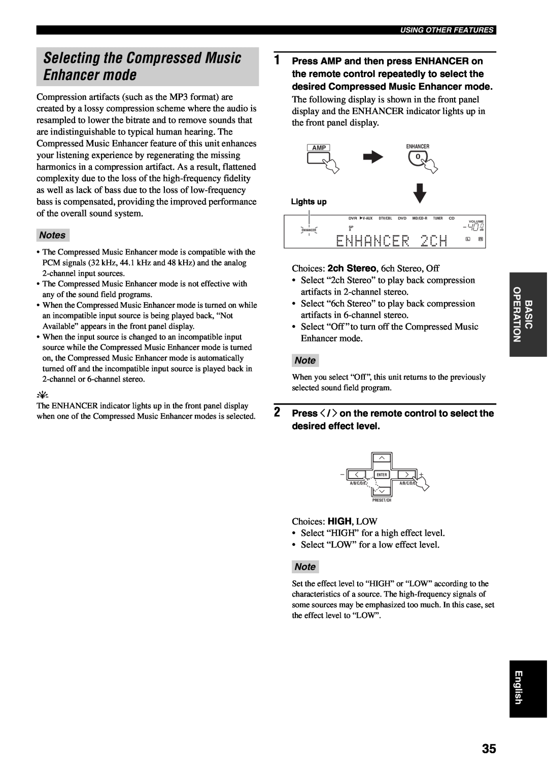 Yamaha RX-V459 owner manual Selecting the Compressed Music Enhancer mode, ENHANCER 2CH L R, Notes 