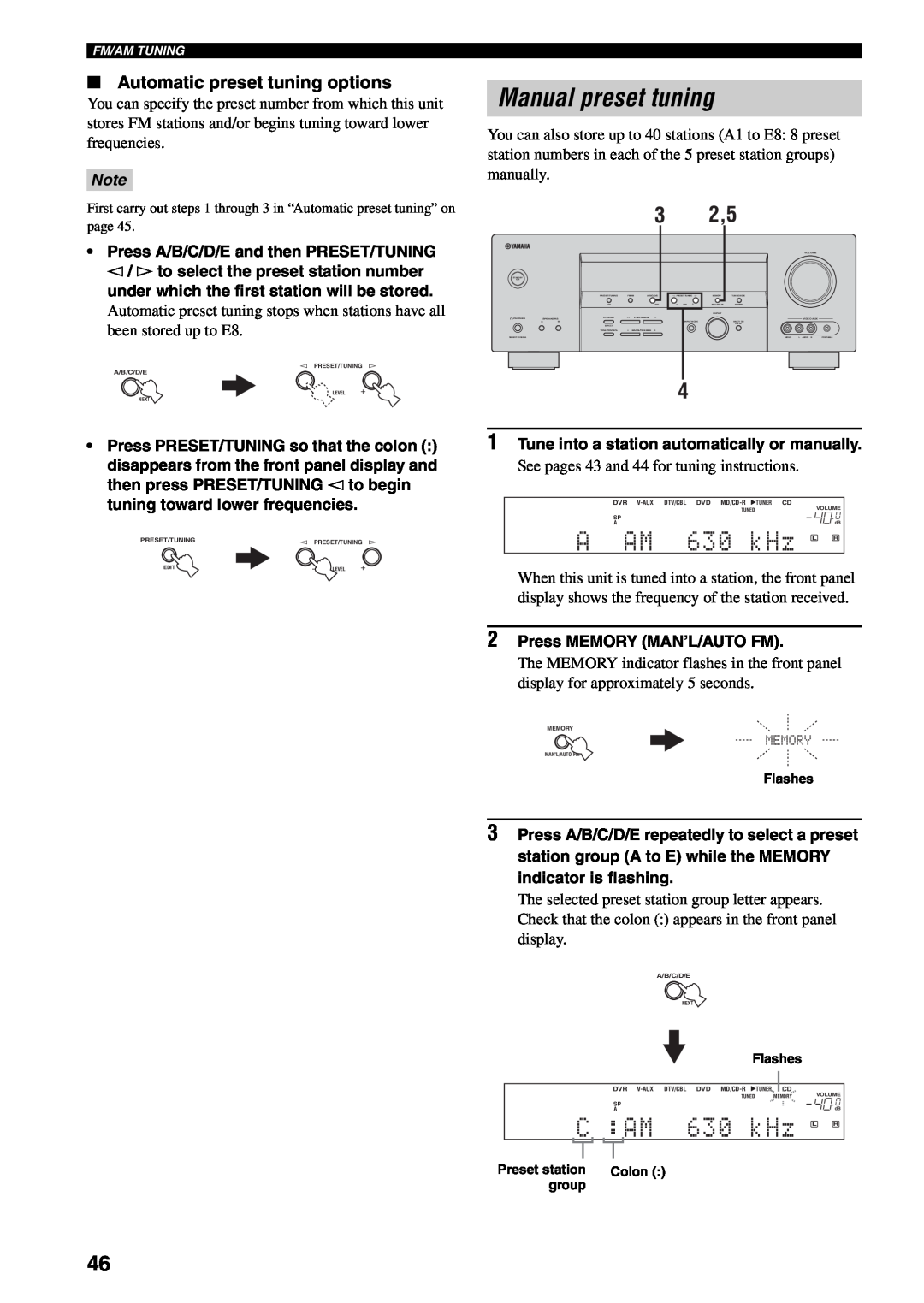 Yamaha RX-V459 owner manual Manual preset tuning, A AM 630 kHz, Automatic preset tuning options 