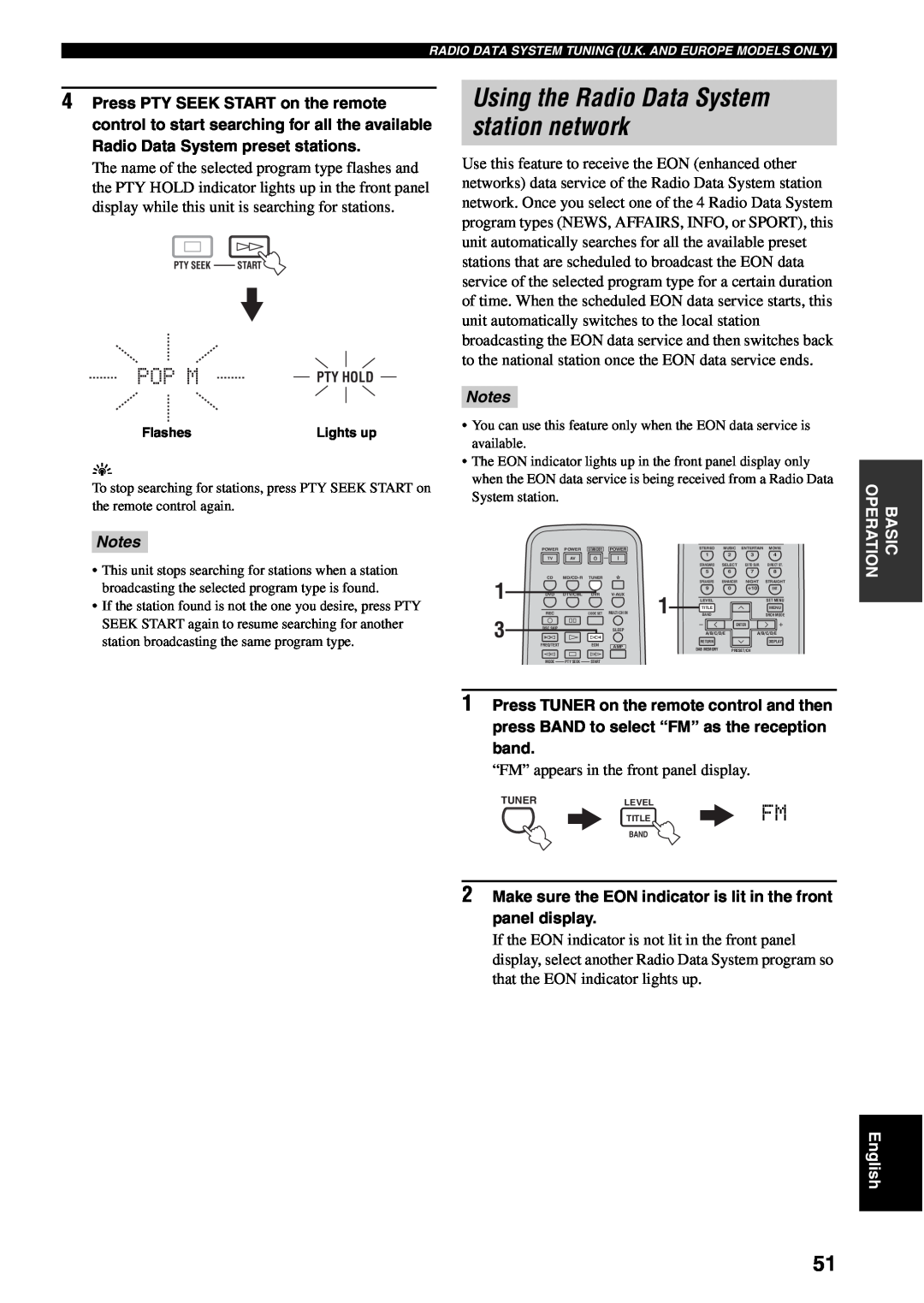 Yamaha RX-V459 owner manual Using the Radio Data System station network, Pop M, Notes 