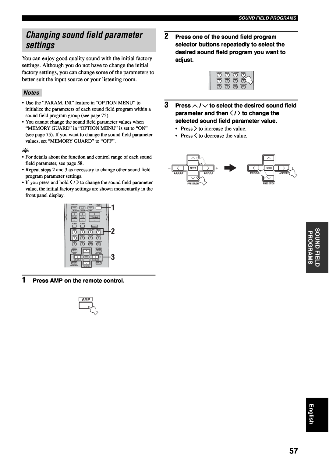 Yamaha RX-V459 owner manual settings, Changing sound field parameter, Notes 
