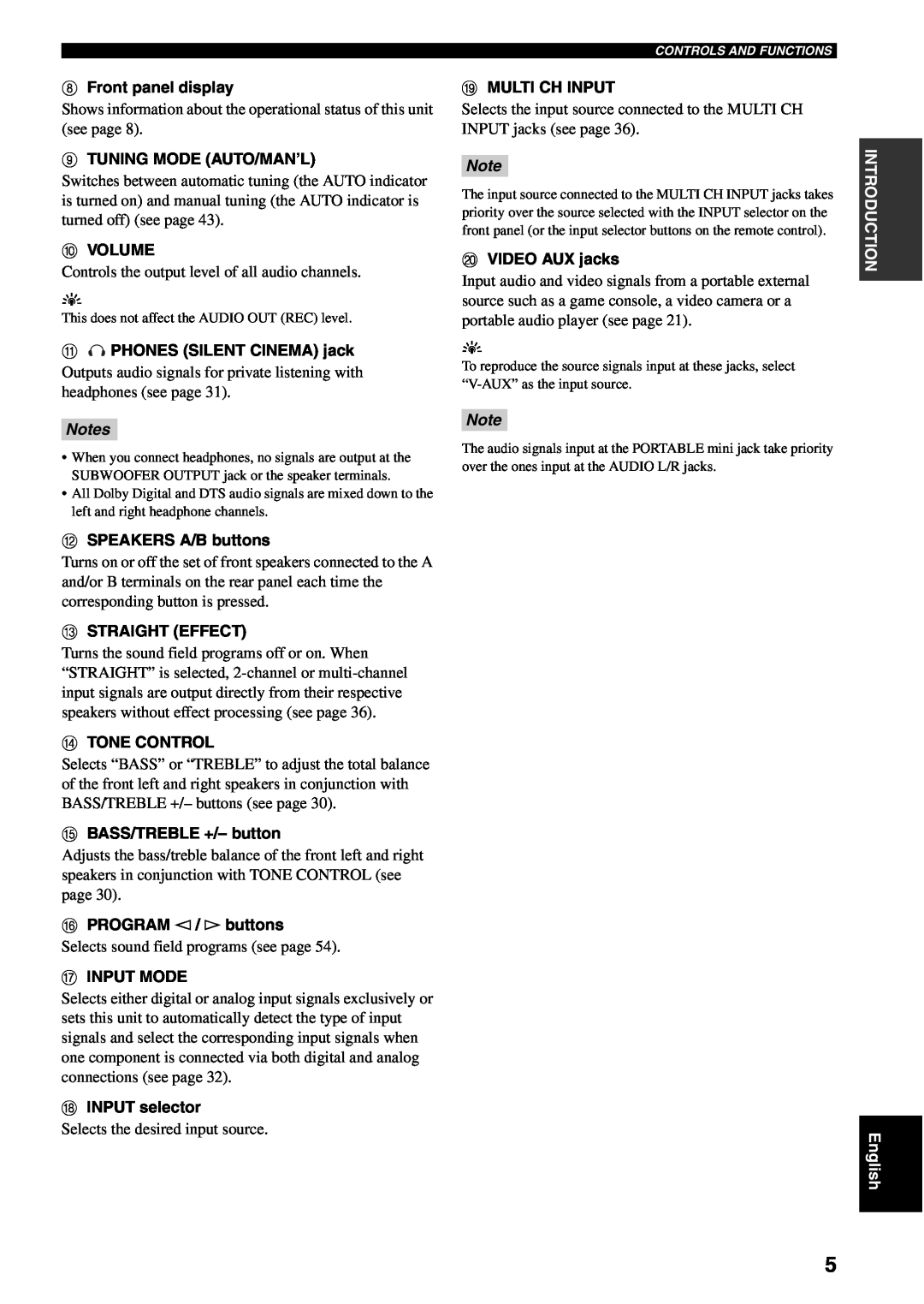 Yamaha RX-V459 owner manual Notes, INTRODUCTION English 