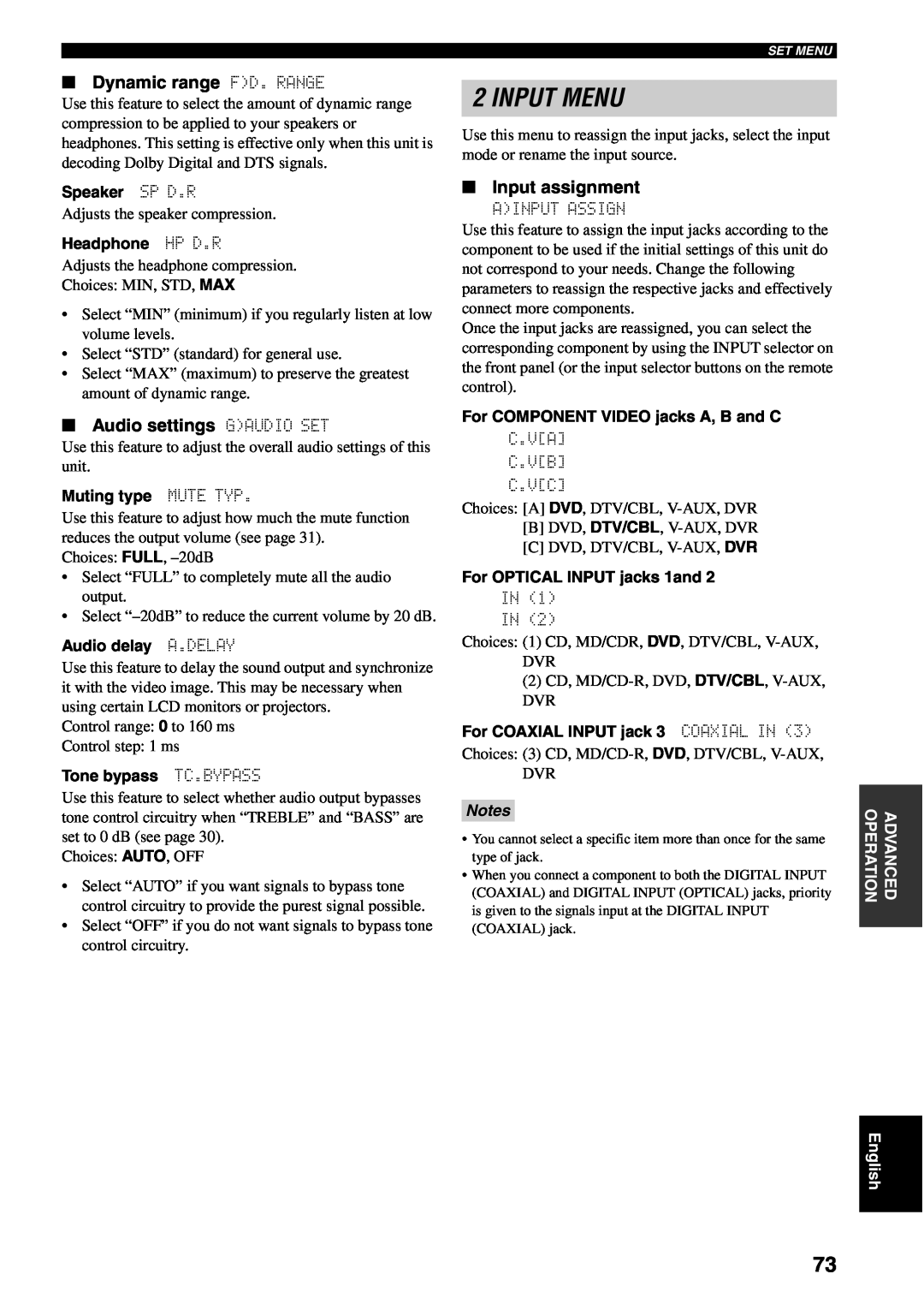Yamaha RX-V459 owner manual Input Menu, Dynamic range FD. RANGE, Audio settings GAUDIO SET, Input assignment, Notes 