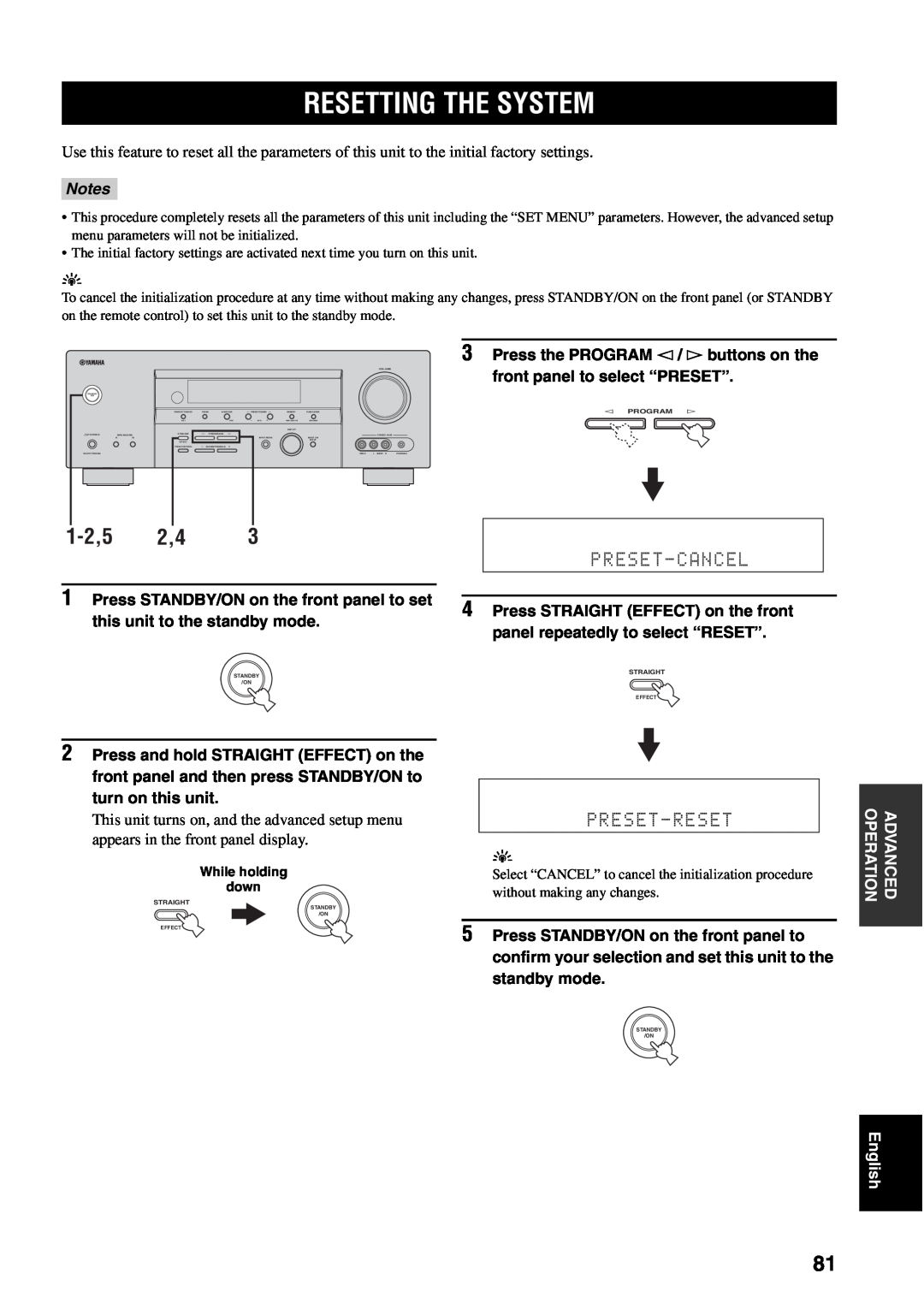 Yamaha RX-V459 owner manual Resetting The System, 1-2,52,4, Preset-Cancel, Preset-Reset, Notes 