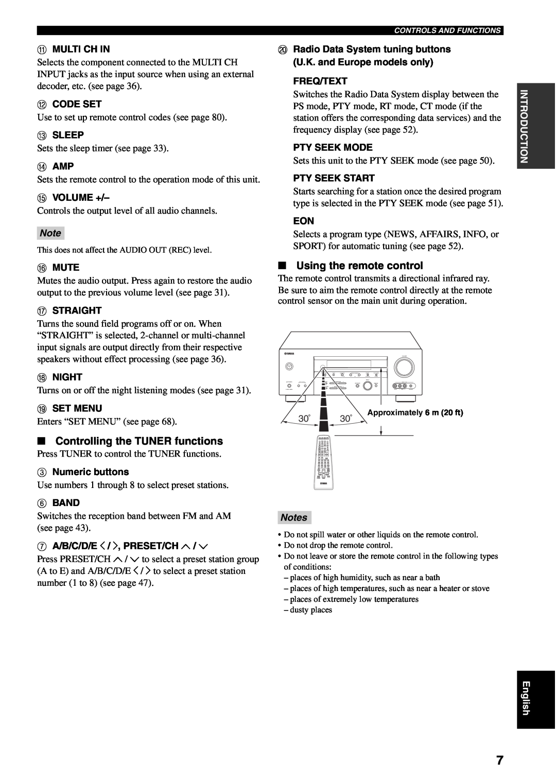 Yamaha RX-V459 owner manual Using the remote control, Controlling the TUNER functions, Notes 