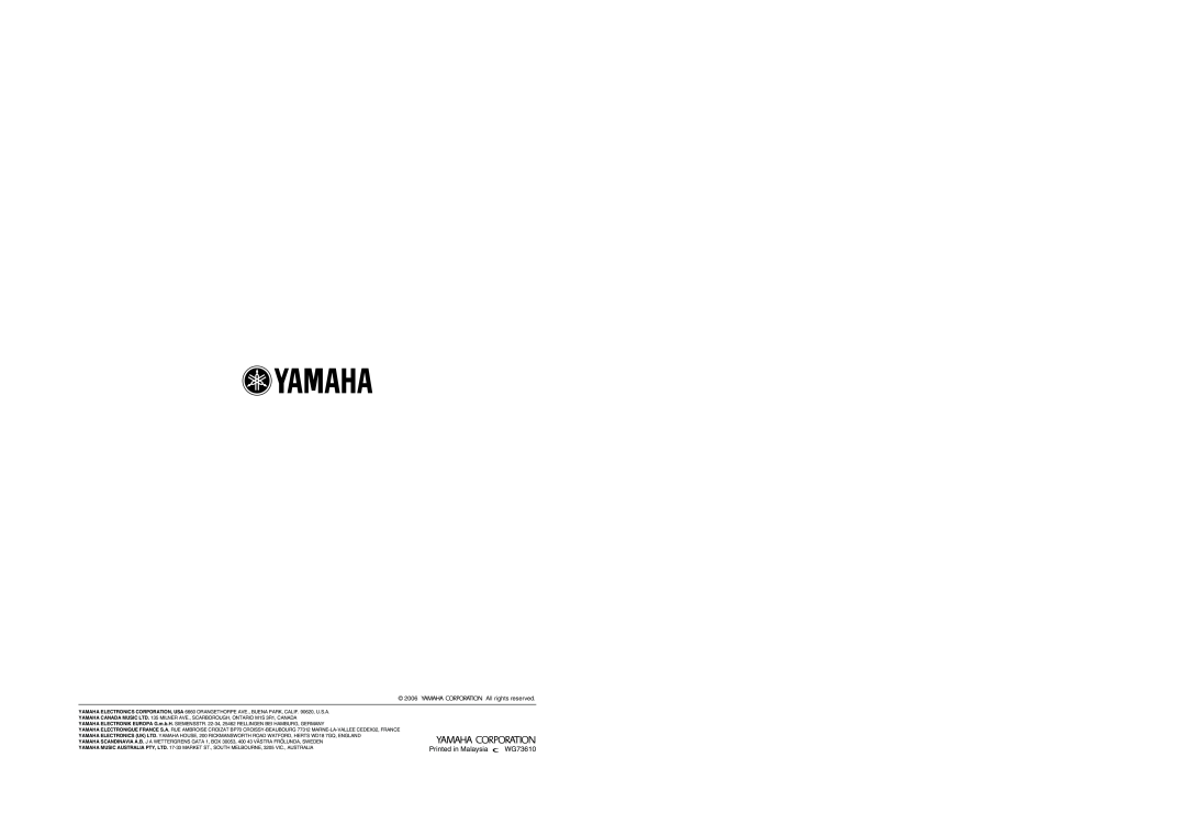 Yamaha RX-V459 owner manual Printed in Malaysia WG73610, All rights reserved 