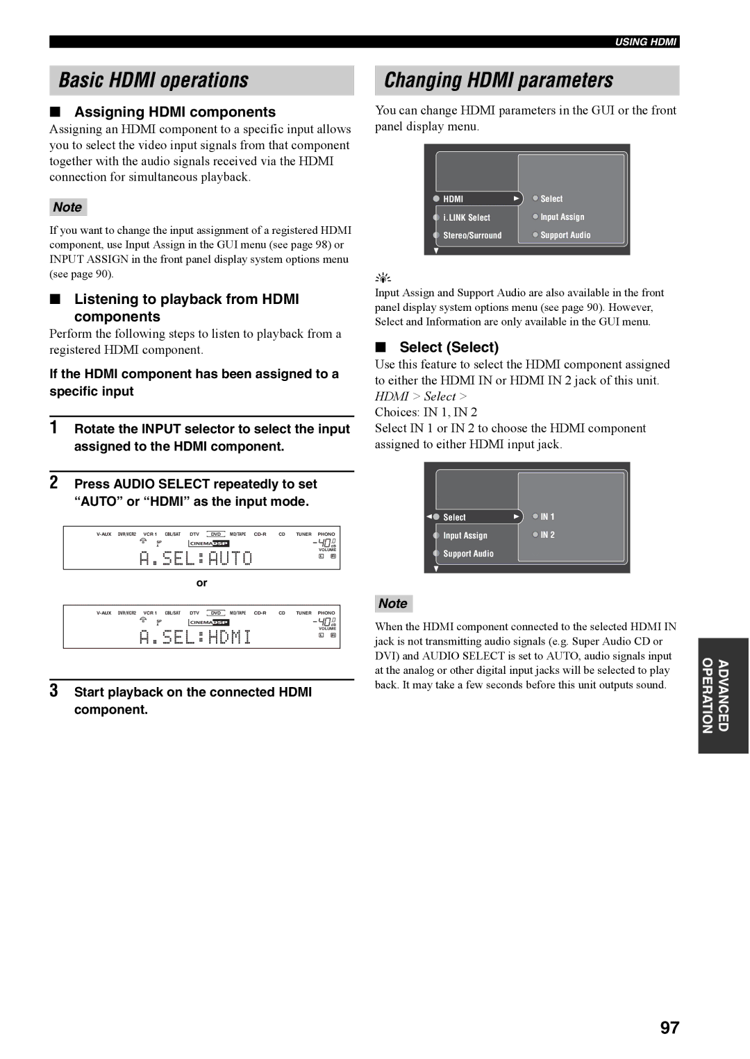 Yamaha RX-V4600 owner manual Basic Hdmi operations, Changing Hdmi parameters, Assigning Hdmi components, Select Select 