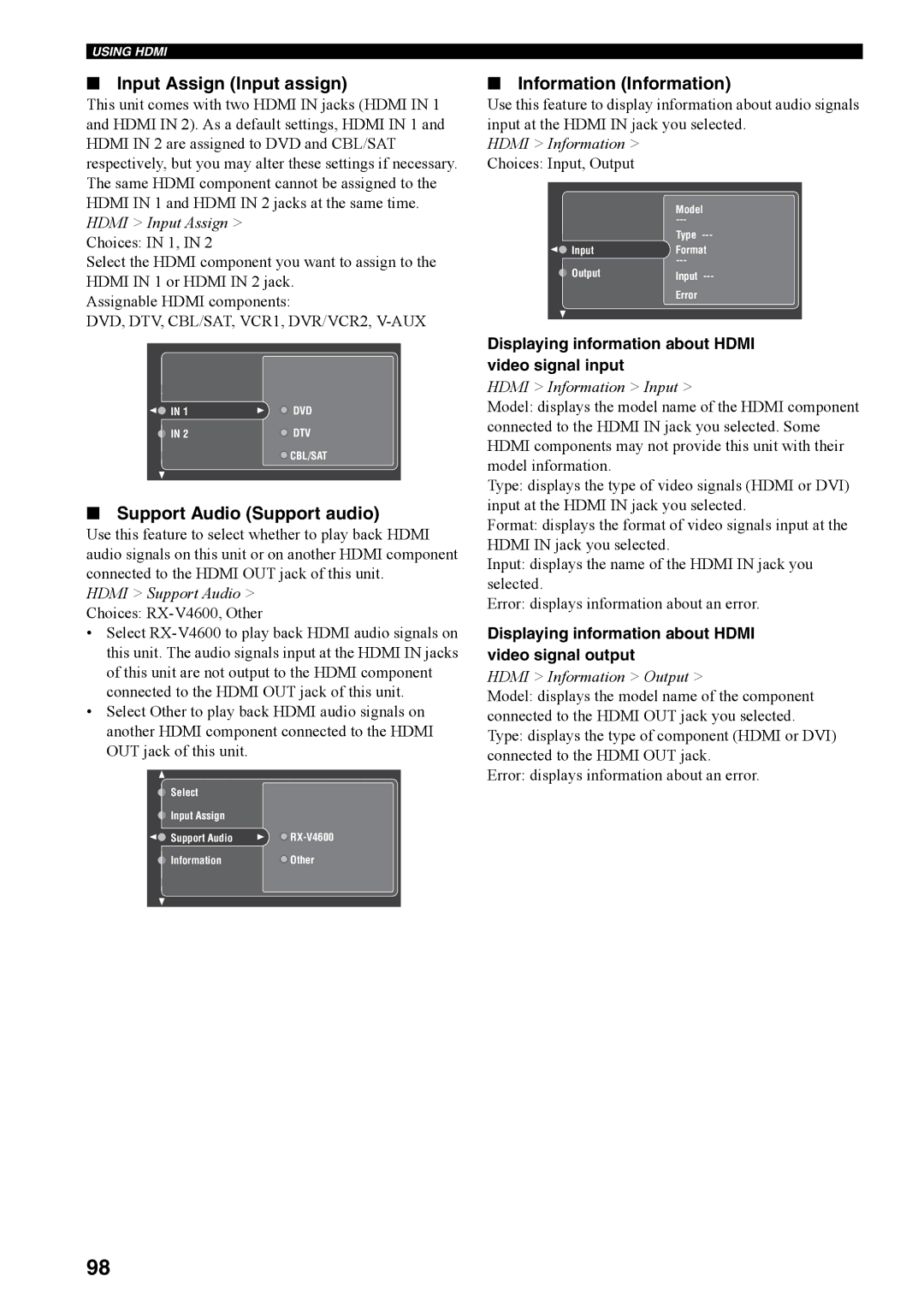 Yamaha owner manual Support Audio Support audio, Choices RX-V4600, Other, Choices Input, Output 