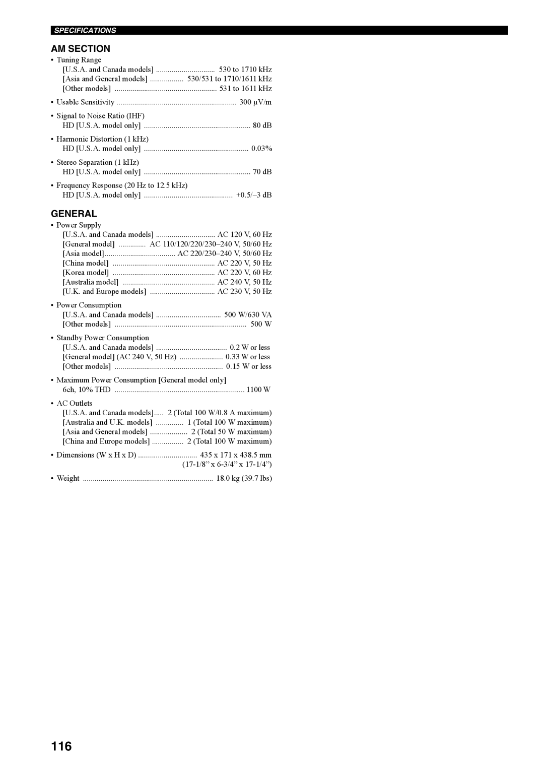 Yamaha RX-V4600 owner manual 116, AM Section, General 