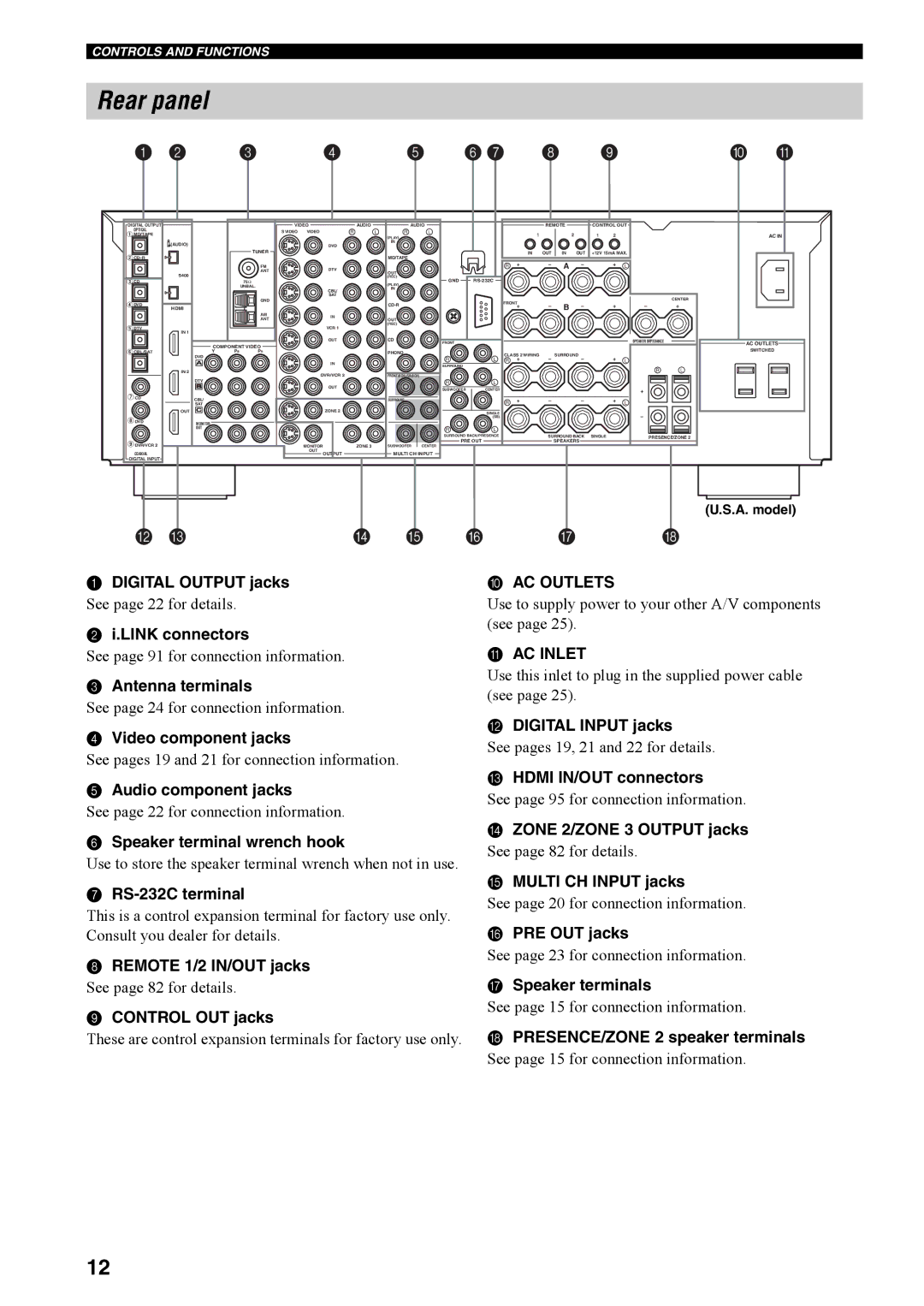 Yamaha RX-V4600 owner manual Rear panel, AC Outlets, AC Inlet 