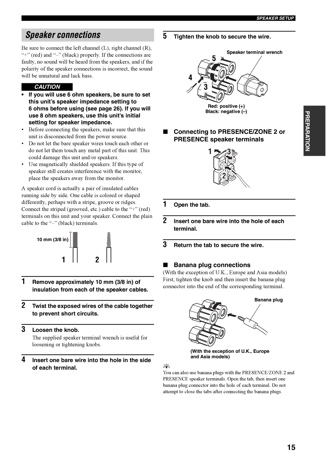 Yamaha RX-V4600 Speaker connections, Connecting to PRESENCE/ZONE 2 or Presence speaker terminals, Banana plug connections 