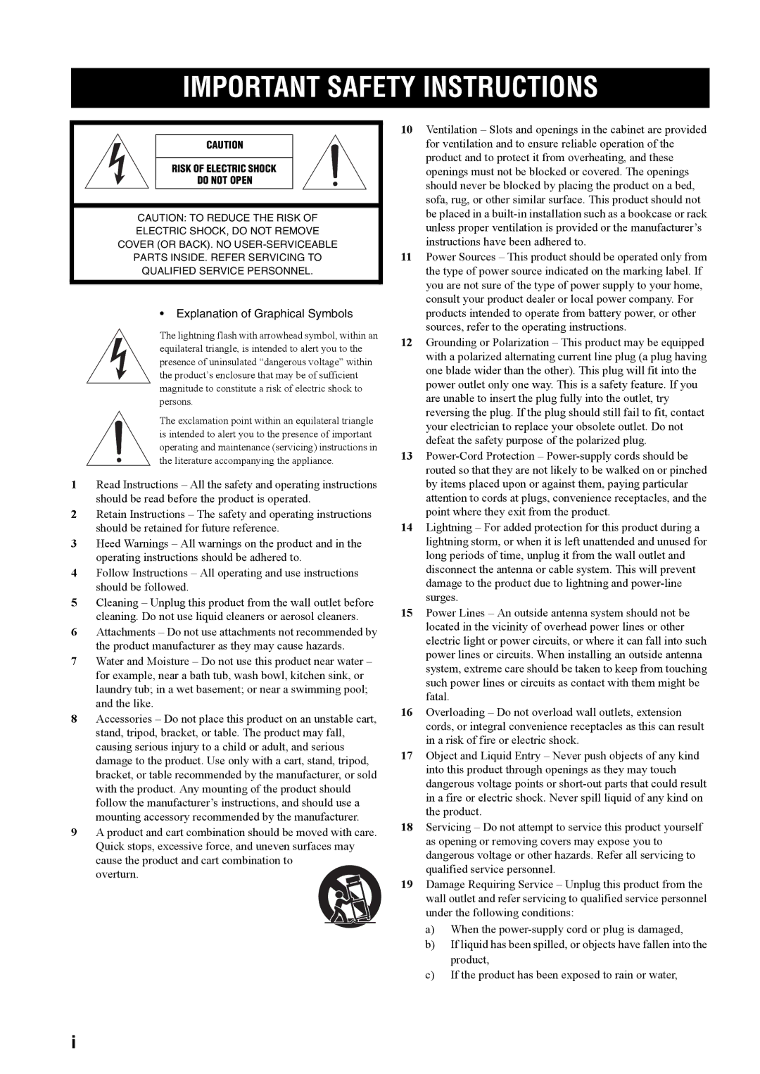 Yamaha RX-V4600 owner manual Important Safety Instructions 