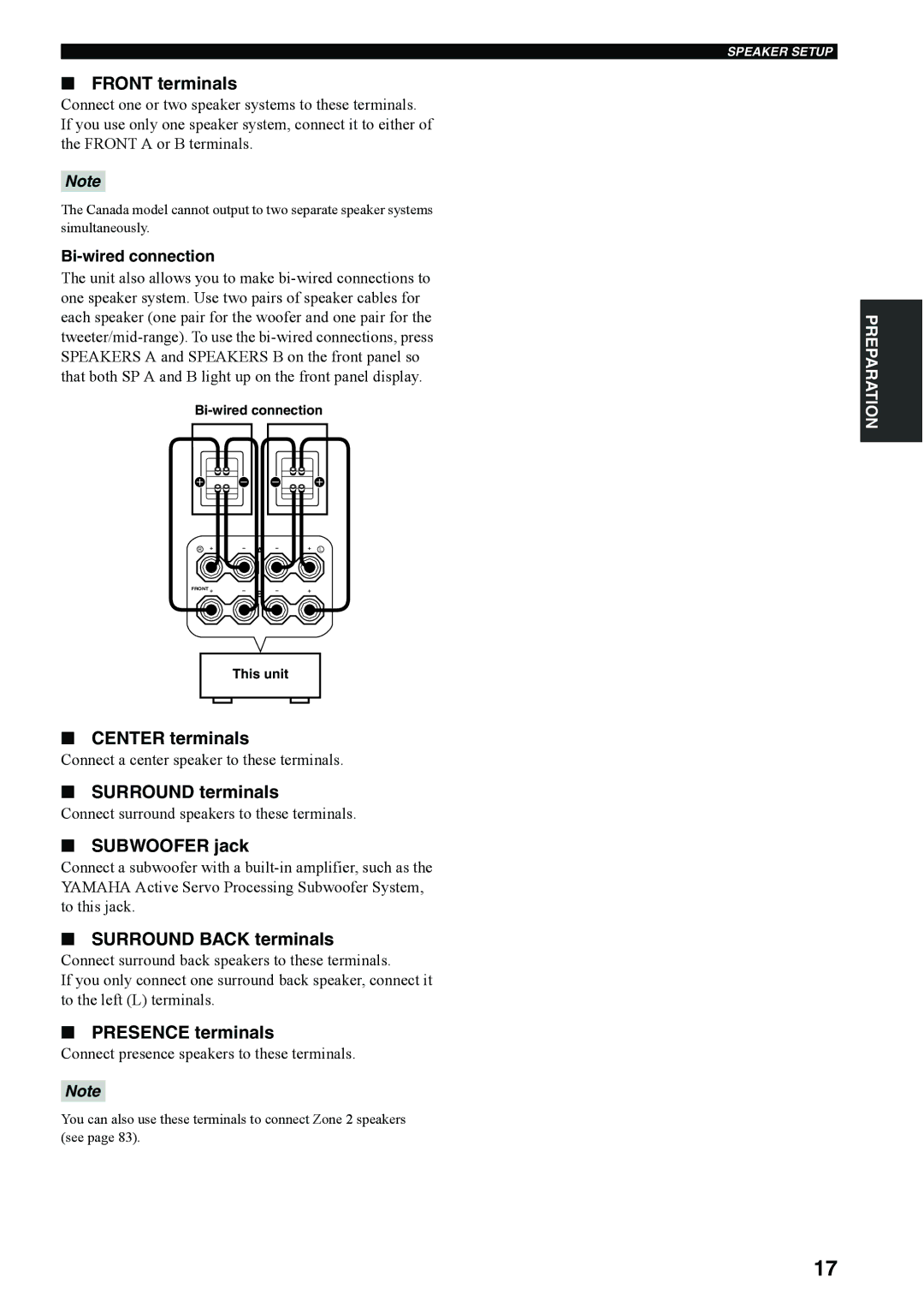 Yamaha RX-V4600 owner manual Front terminals, Center terminals, Surround terminals, Subwoofer jack, Surround Back terminals 