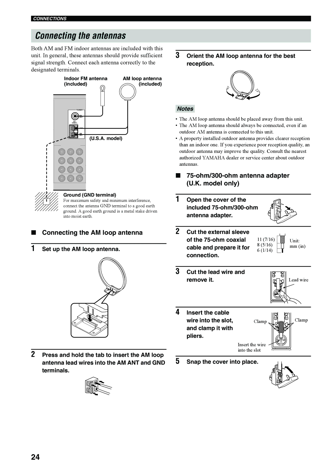 Yamaha RX-V4600 Connecting the antennas, Connecting the AM loop antenna, 75-ohm/300-ohm antenna adapter U.K. model only 