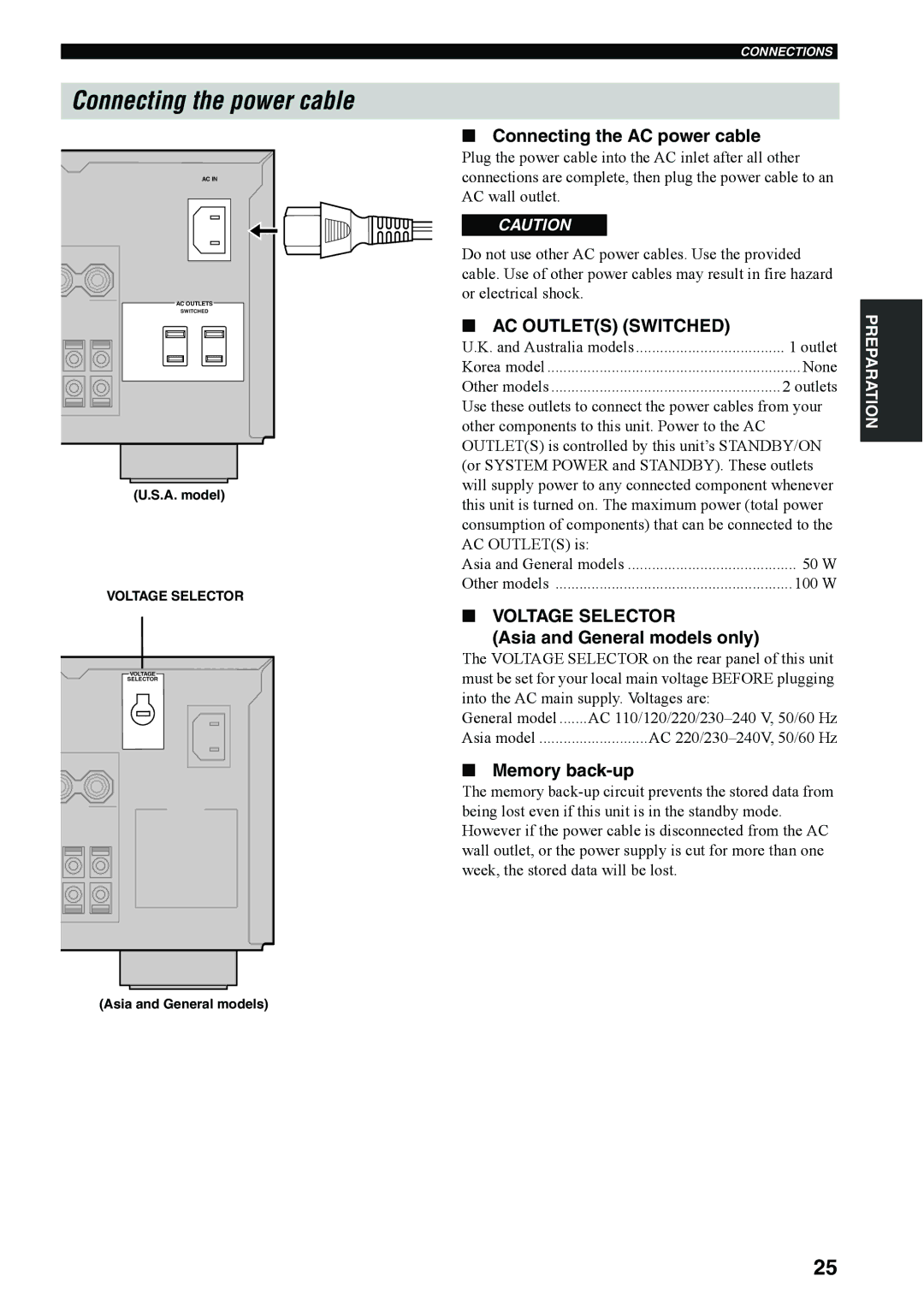 Yamaha RX-V4600 Connecting the power cable, Connecting the AC power cable, Asia and General models only, Memory back-up 