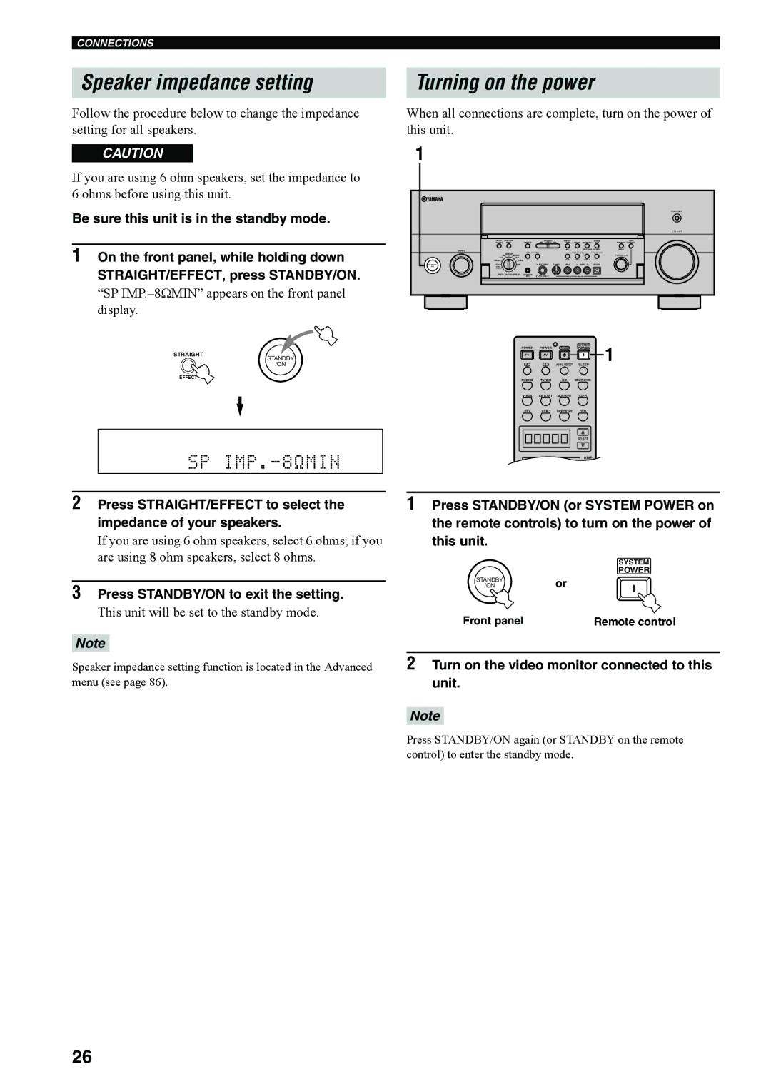 Yamaha RX-V4600 owner manual Speaker impedance setting, Turning on the power, Press STANDBY/ON to exit the setting 