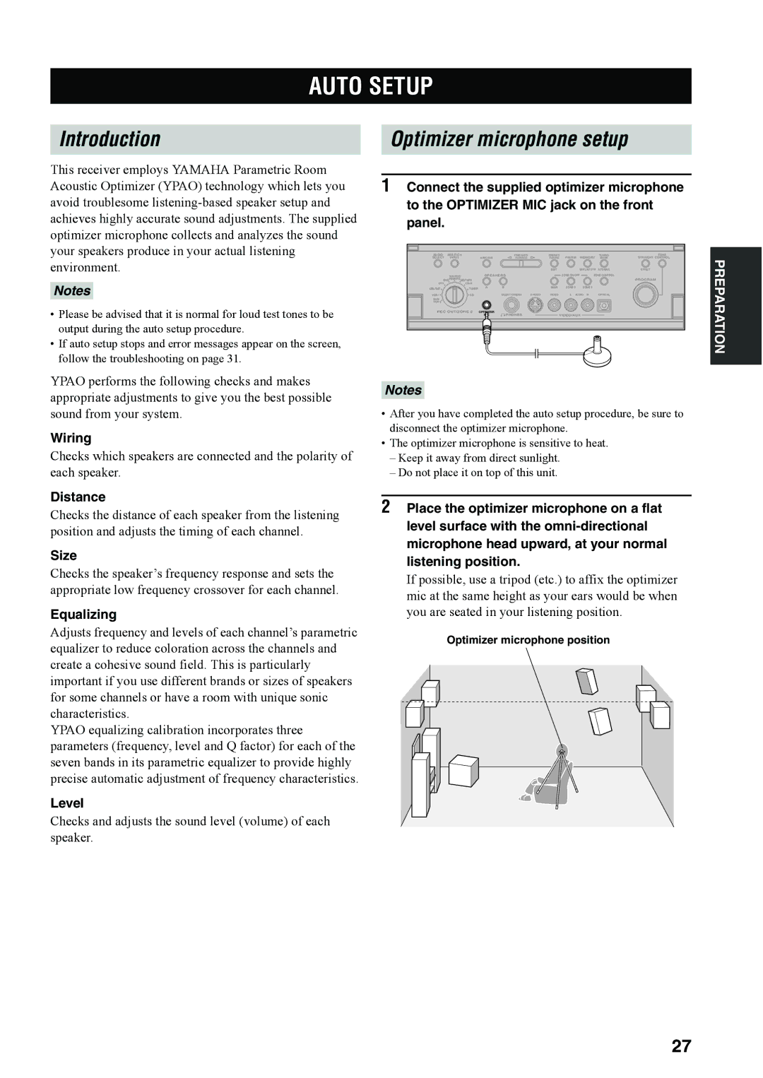 Yamaha RX-V4600 owner manual Auto Setup, Introduction, Optimizer microphone setup 