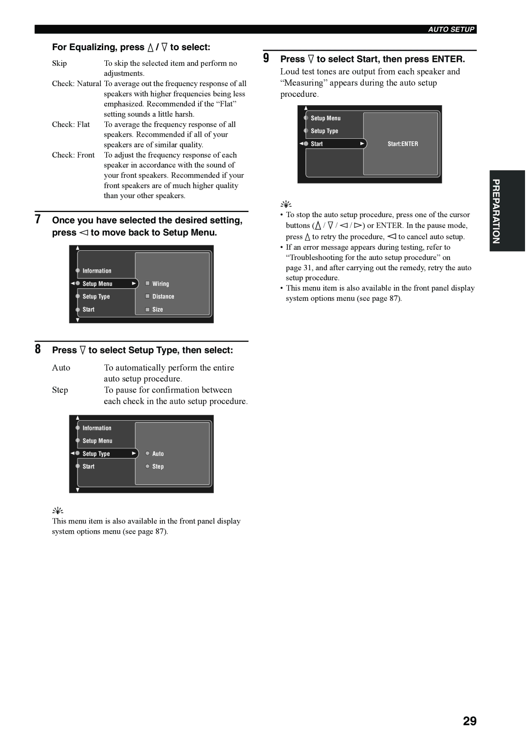 Yamaha RX-V4600 owner manual For Equalizing, press k / n to select, Press n to select Start, then press Enter 