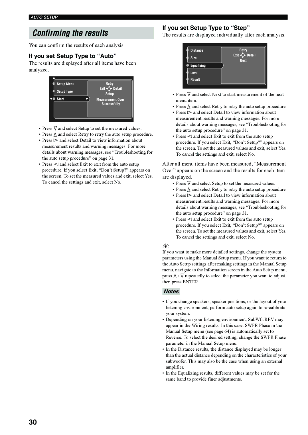 Yamaha RX-V4600 owner manual Confirming the results, If you set Setup Type to Auto, If you set Setup Type to Step 