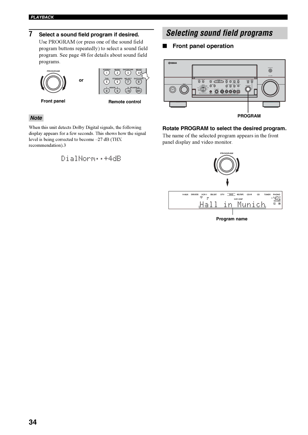 Yamaha RX-V4600 owner manual Selecting sound field programs, Front panel operation, Select a sound field program if desired 