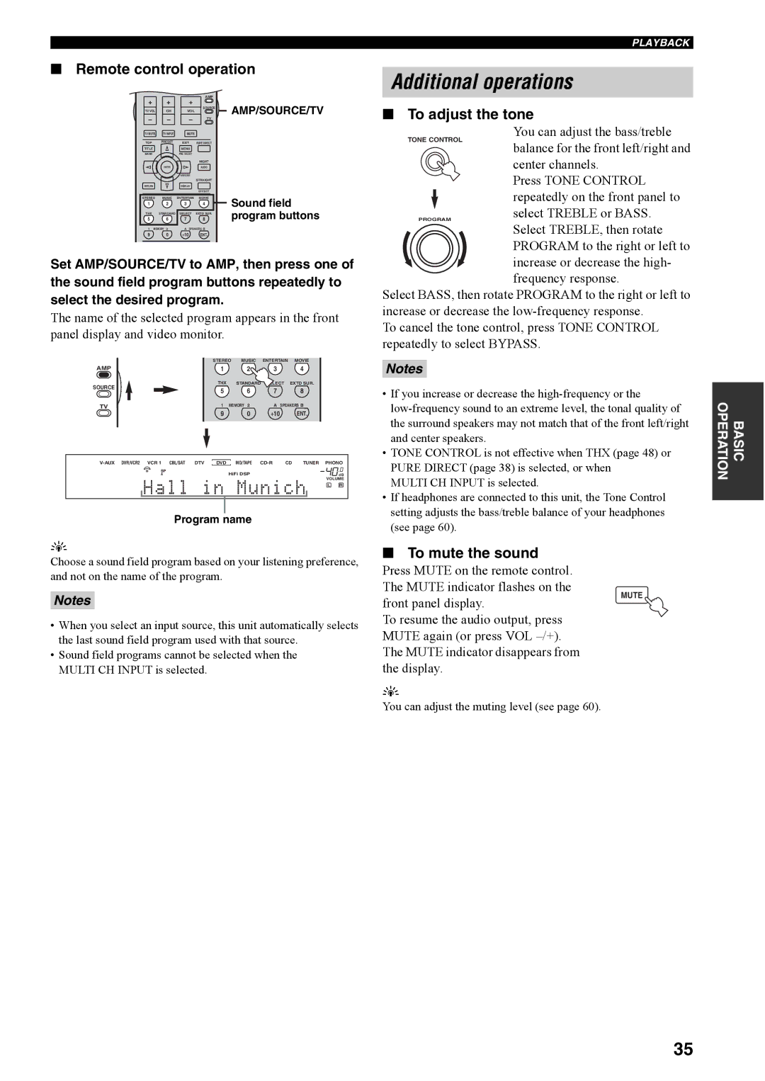 Yamaha RX-V4600 owner manual Additional operations, Remote control operation, To adjust the tone, To mute the sound 