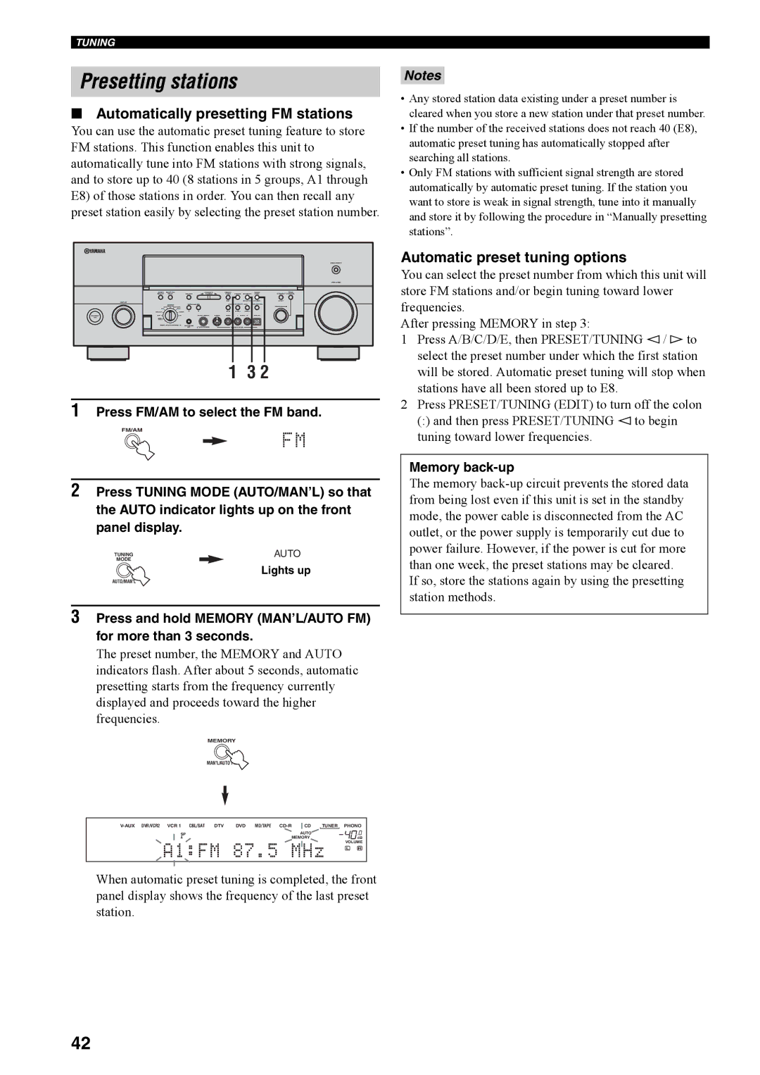 Yamaha RX-V4600 owner manual Presetting stations, Automatically presetting FM stations, Automatic preset tuning options 