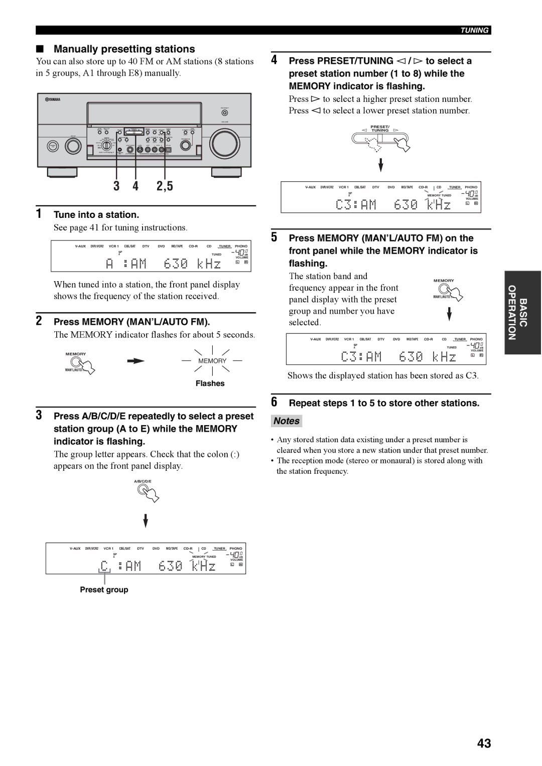 Yamaha RX-V4600 owner manual Manually presetting stations, Tune into a station, Press Memory MAN’L/AUTO FM 