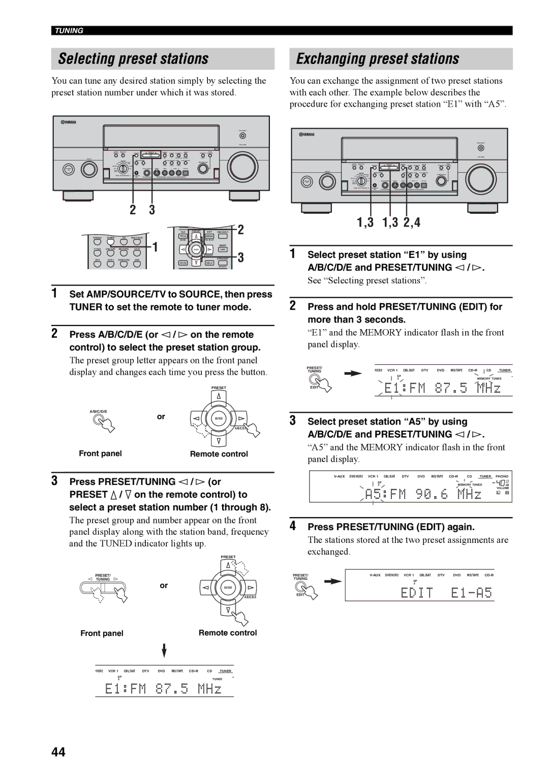 Yamaha RX-V4600 owner manual Selecting preset stations, Exchanging preset stations, 2,4, Press PRESET/TUNING Edit again 