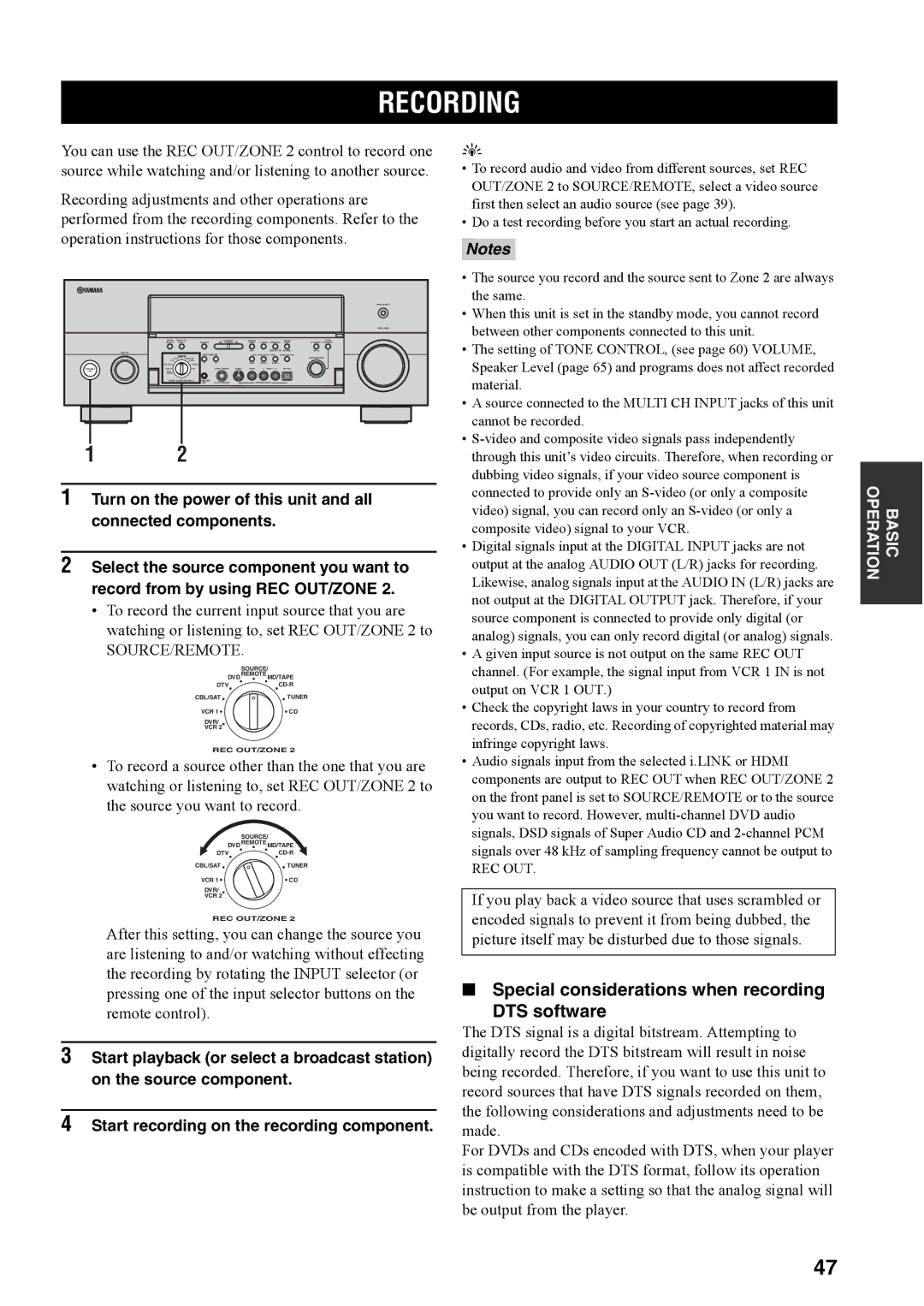 Yamaha RX-V4600 owner manual Recording, Special considerations when recording DTS software 