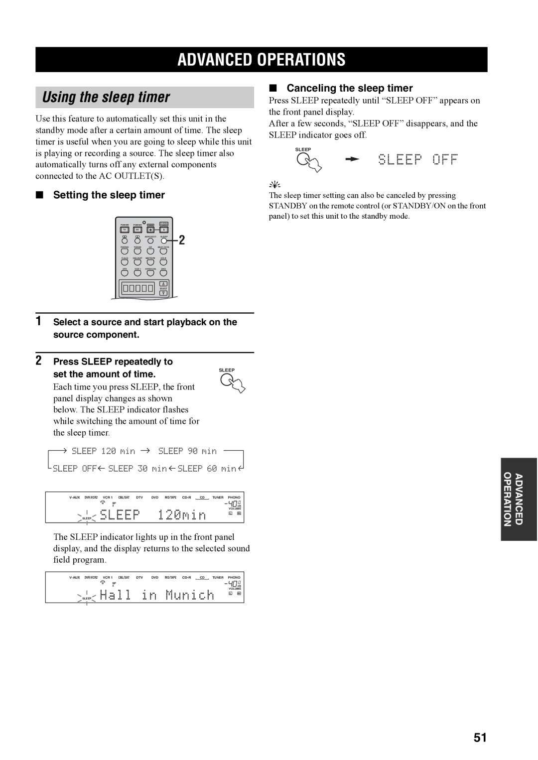 Yamaha RX-V4600 owner manual Advanced Operations, Using the sleep timer, Setting the sleep timer, Canceling the sleep timer 