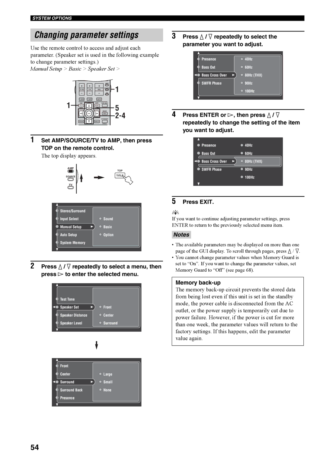 Yamaha RX-V4600 owner manual Changing parameter settings, Manual Setup Basic Speaker Set 