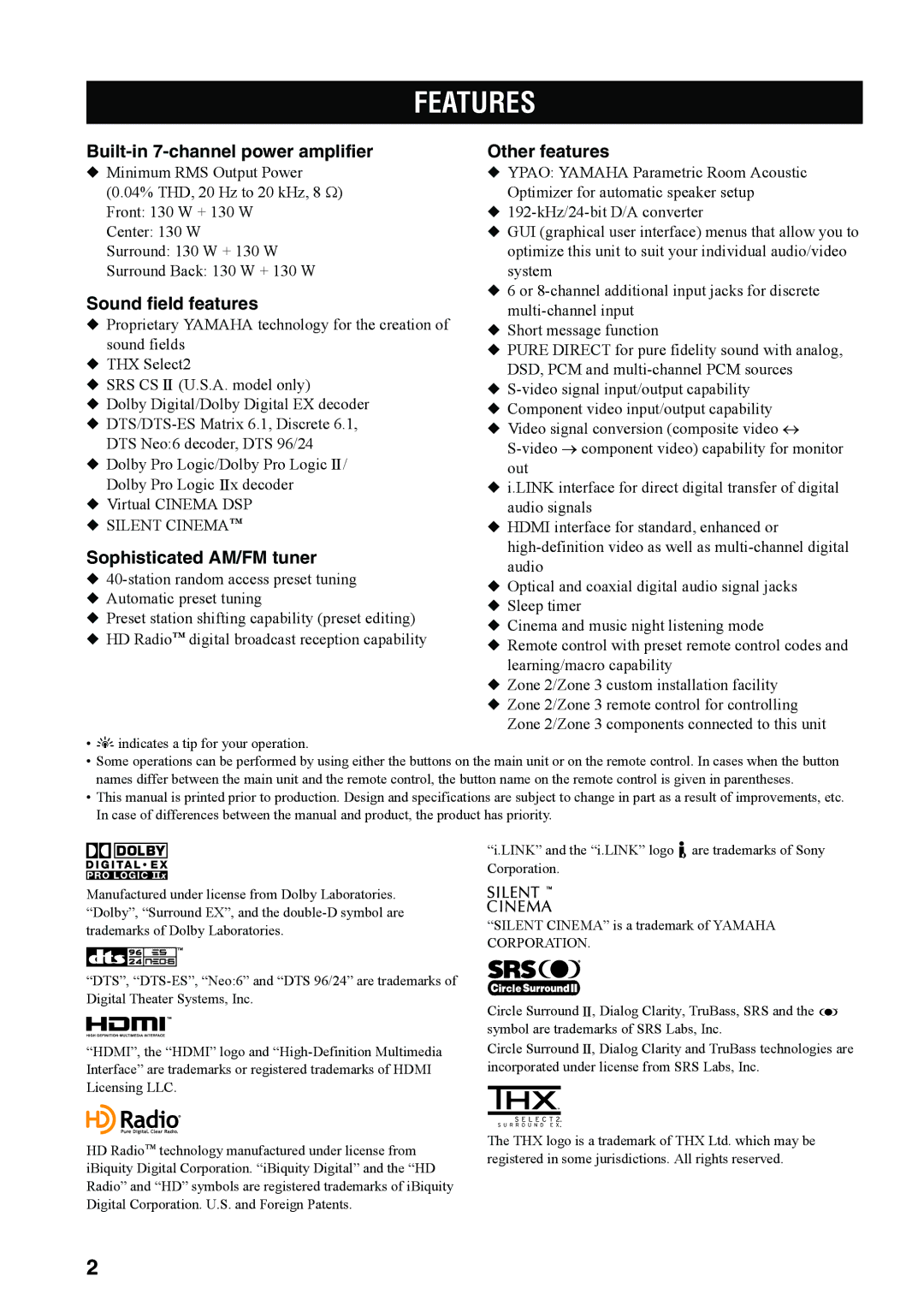 Yamaha RX-V4600 owner manual Features, Built-in 7-channel power amplifier, Sound field features, Sophisticated AM/FM tuner 