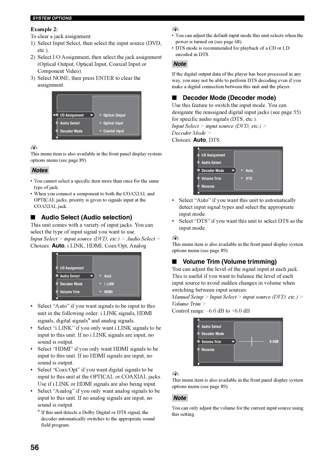 Yamaha RX-V4600 Audio Select Audio selection, Decoder Mode Decoder mode, Volume Trim Volume trimming, Choices Auto, DTS 