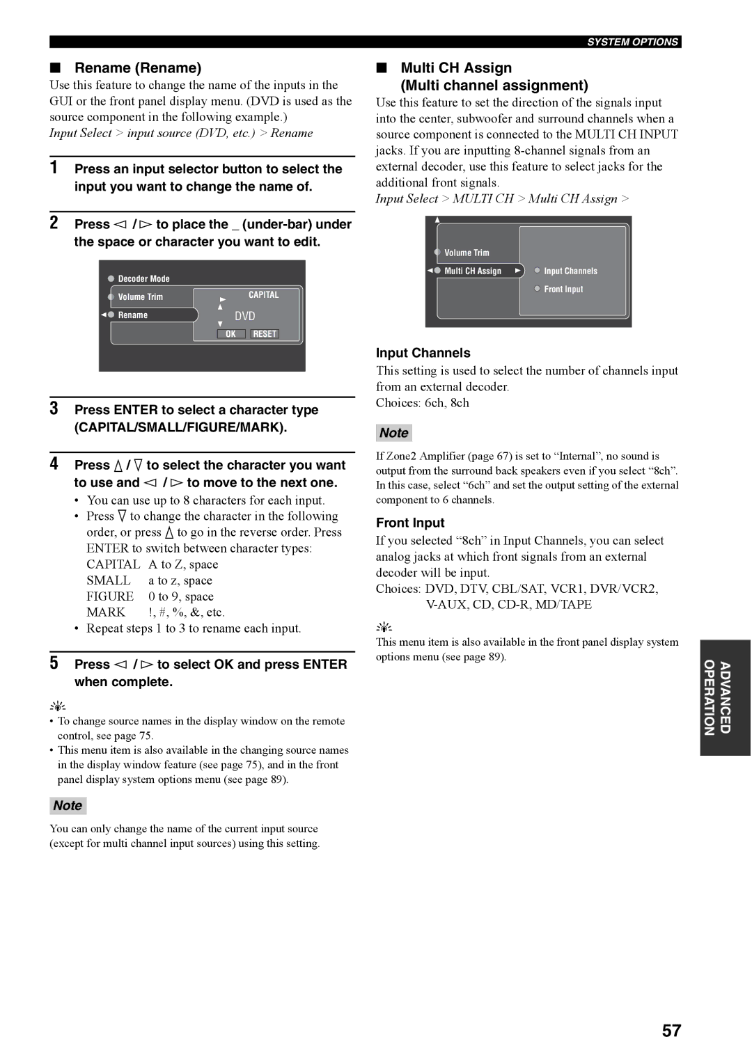 Yamaha RX-V4600 owner manual Rename Rename, Multi CH Assign Multi channel assignment, Input Channels, Front Input 