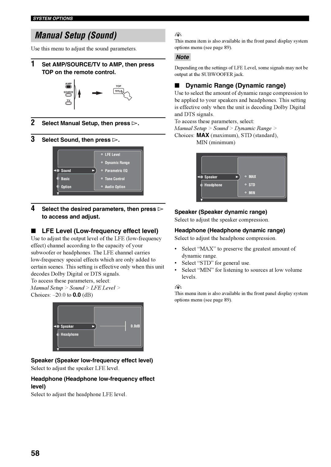 Yamaha RX-V4600 owner manual Manual Setup Sound, Dynamic Range Dynamic range, LFE Level Low-frequency effect level 