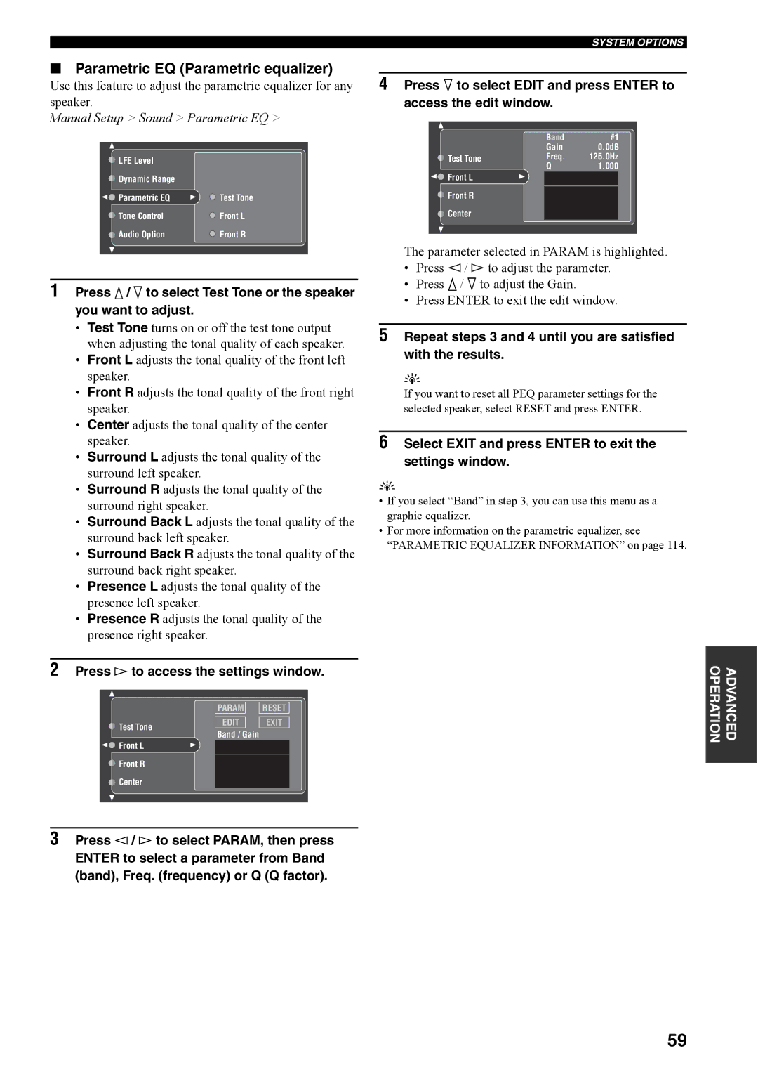 Yamaha RX-V4600 owner manual Parametric EQ Parametric equalizer, Press h to access the settings window 